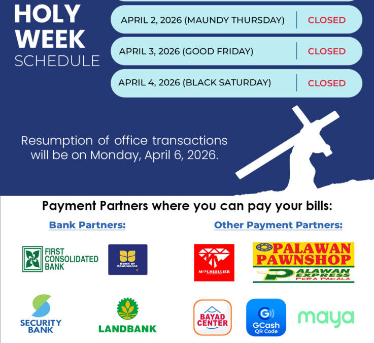 Customer Advisory, Holy Week Schedule, April 1- 4, 2026.